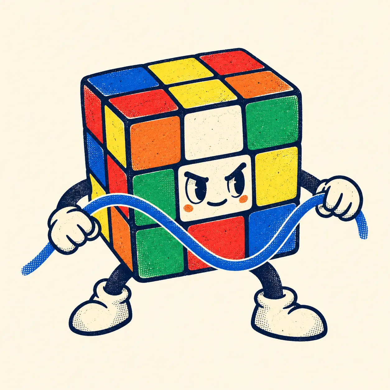A determined colourful cube mascot holding a looping route